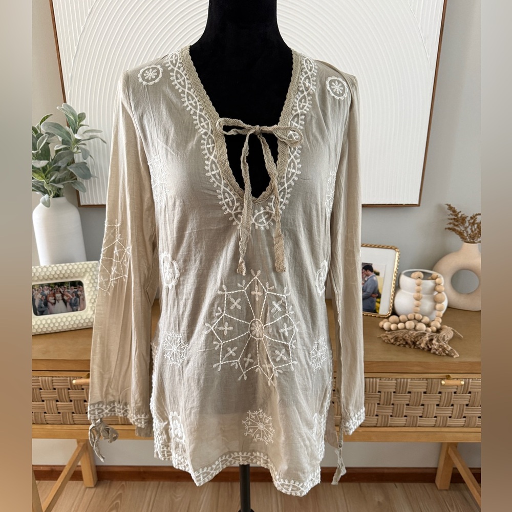 Mono Reno Bohemian Embroidered Beige Tunic Top Size L
